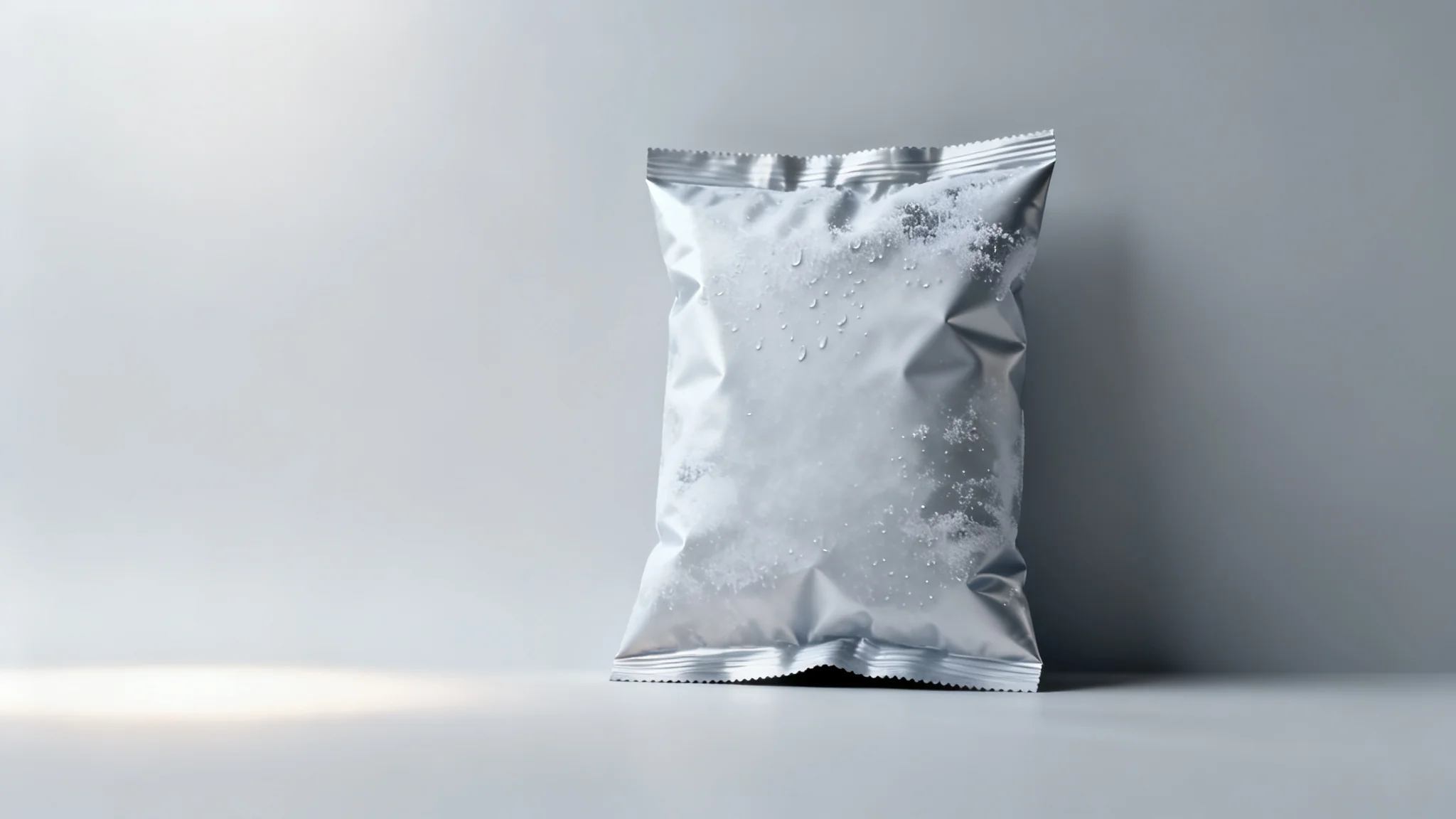 Concept visual of a frozen vegetable pouch showing frost and condensation on the packaging film