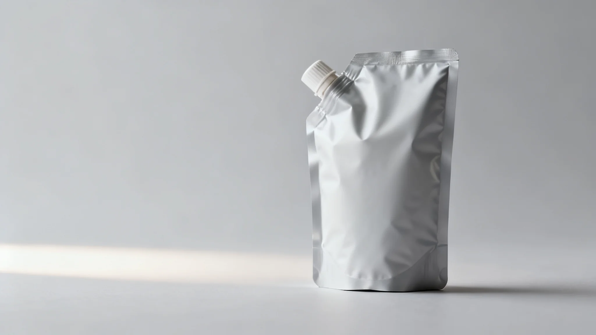 an unbranded liquid refill pouch with a spout and cap on a plain surface, mid-pour, no labels