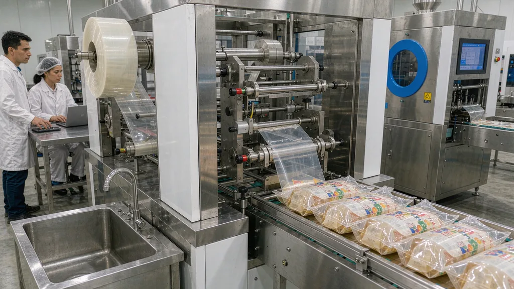Horizontal form-fill-seal machine in a food factory running printed MAP packaging film to produce sealed pouches