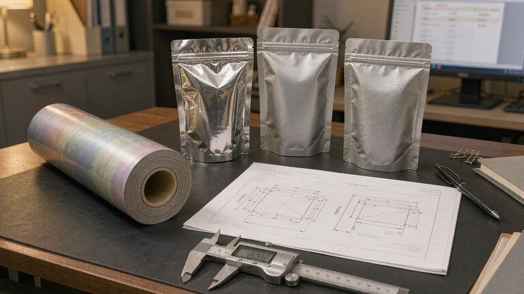 A printed packaging roll stock sample and empty pouch samples laid out next to a specification sheet and a digital caliper on a factory desk