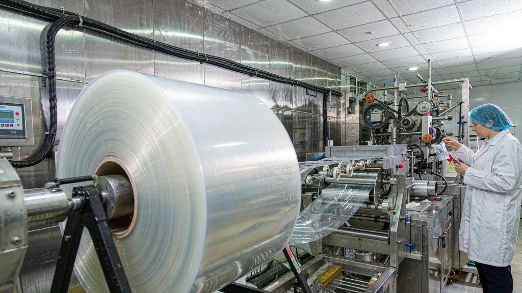 Food factory technician inspecting a sealed pouch sample next to a large roll of packaging film on an automatic filling machine