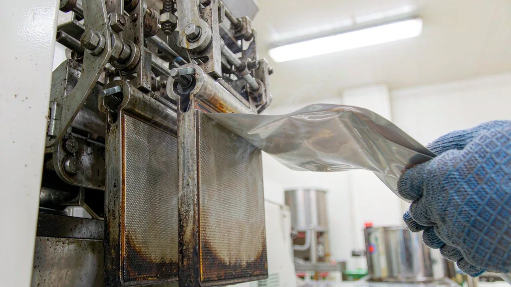 Operator in blue gloves pulling a freshly sealed pouch off the heated sealing jaws of a form-fill-seal machine