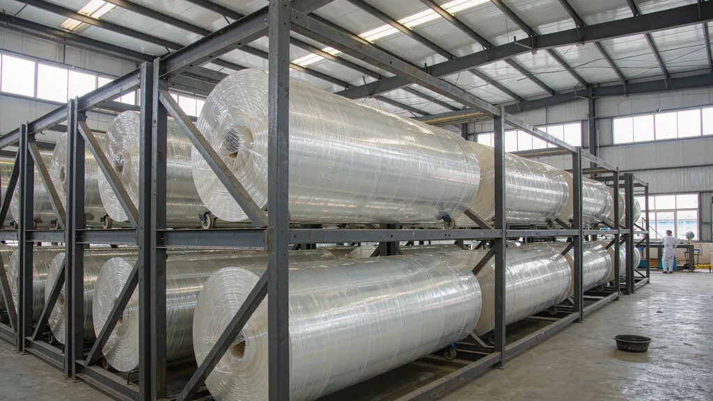 Large rolls of flexible packaging film stacked on warehouse racking in a food factory