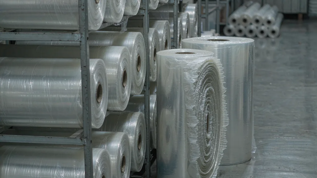 Large rolls of transparent packaging film in a warehouse, one roll showing a visibly telescoped edge, illustrating packaging film roll defects