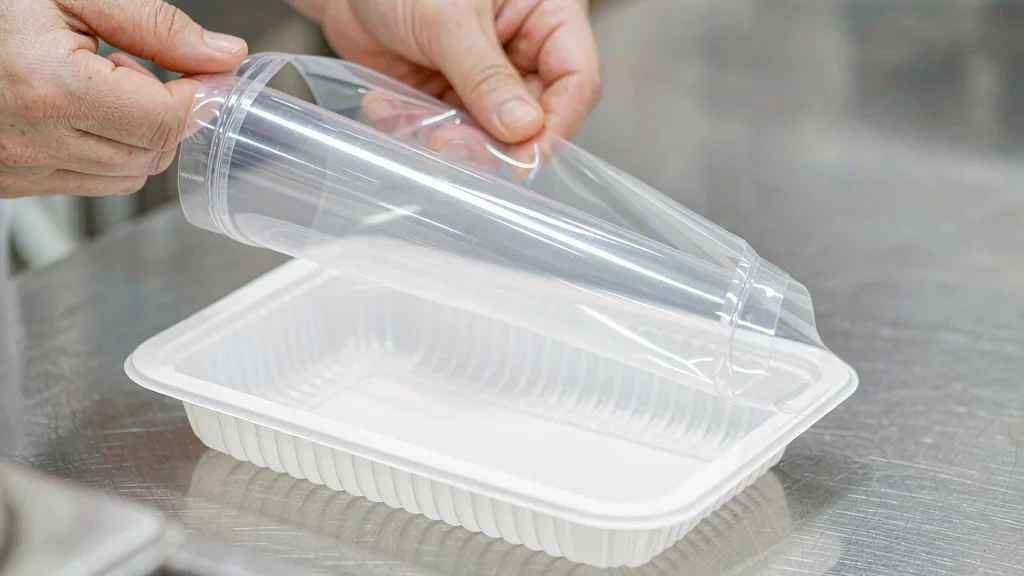 Close-up of hands peeling a transparent lidding film cleanly off a sealed white plastic food tray on a stainless steel table in a bright food factory