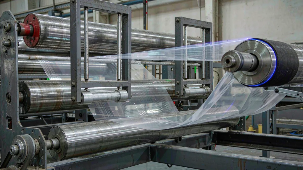 Transparent packaging film web passing through a corona treatment station with a faint blue violet glow on the film surface