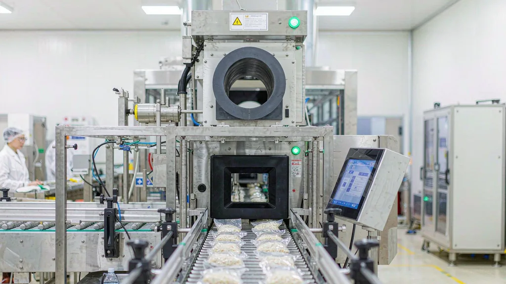 Food packages passing through a metal detector and X-ray inspection unit on a stainless steel conveyor in a factory