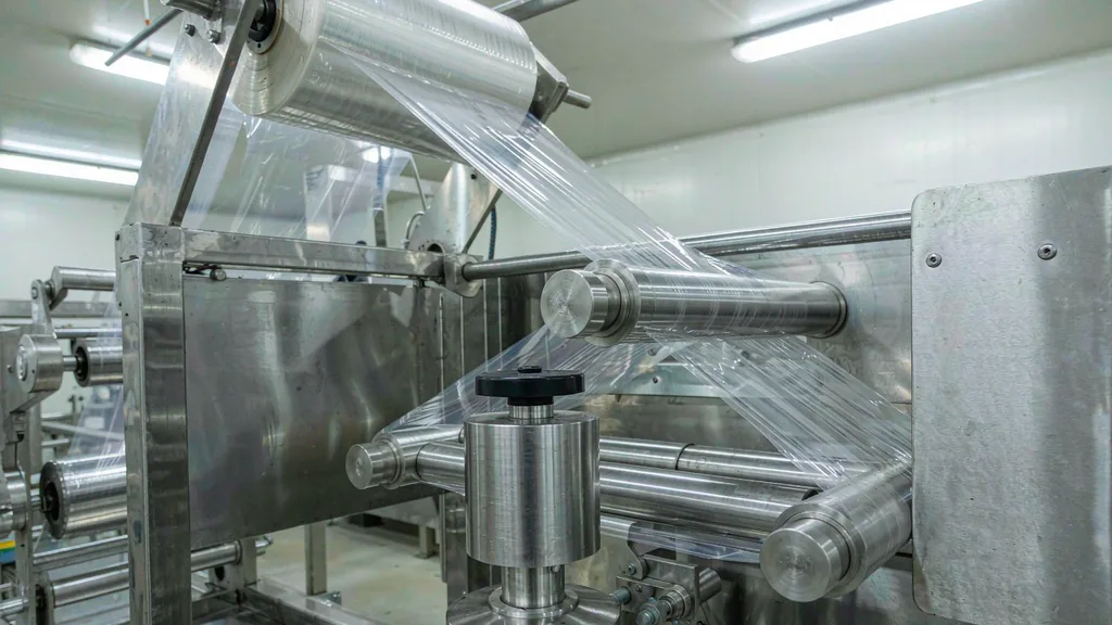 Clear packaging film web running over stainless steel rollers with an antistatic ionising bar mounted above the film path in a food factory