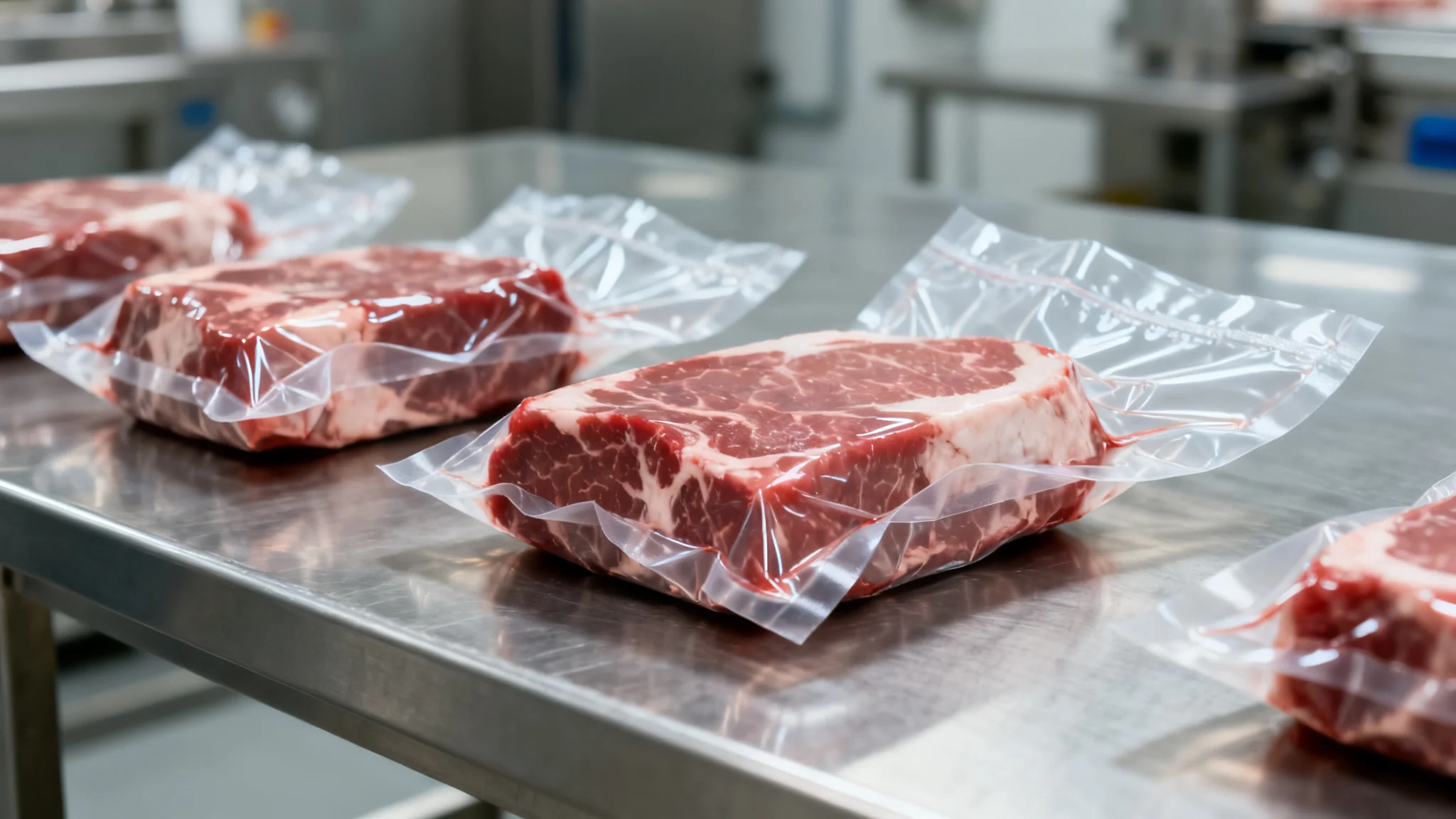 Vacuum pouches for meat on a stainless steel surface, concept visual