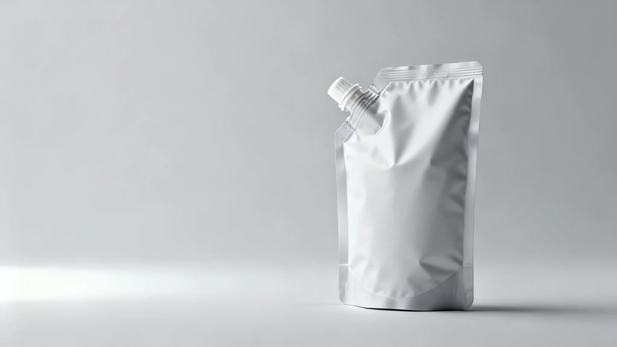 spouted pouch for liquid filling, flexible stand-up pouch with a plastic spout fitment, clean neutral studio background, product photography
