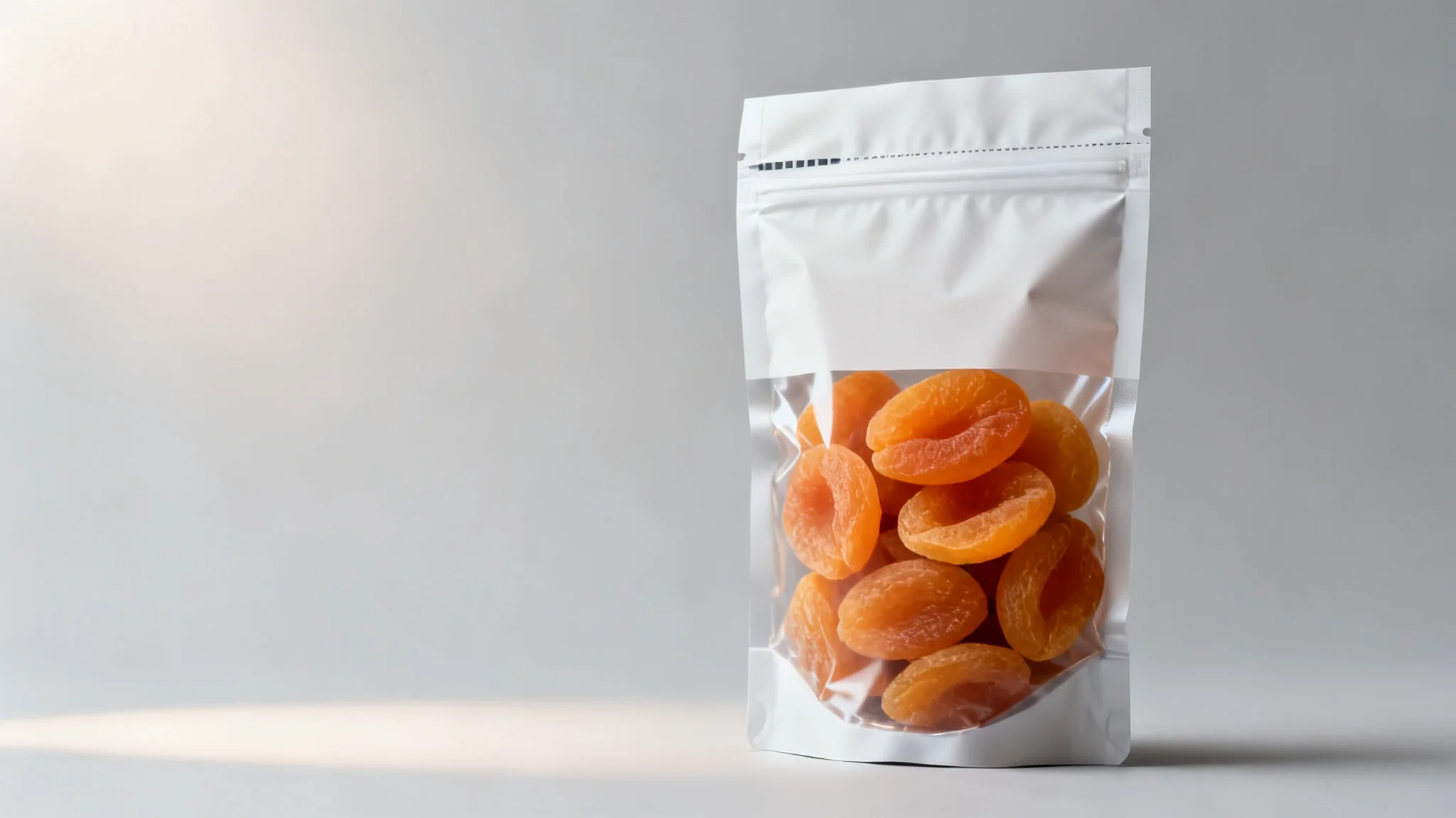 Sticky dried fruit pouch showing the food-contact layer and the seal strip