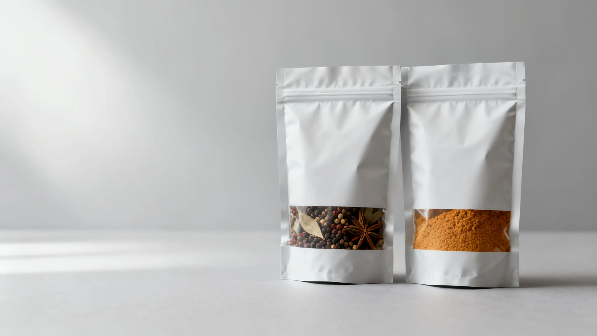 Concept visual comparing whole and ground spice pouches to illustrate particle size and packaging specification